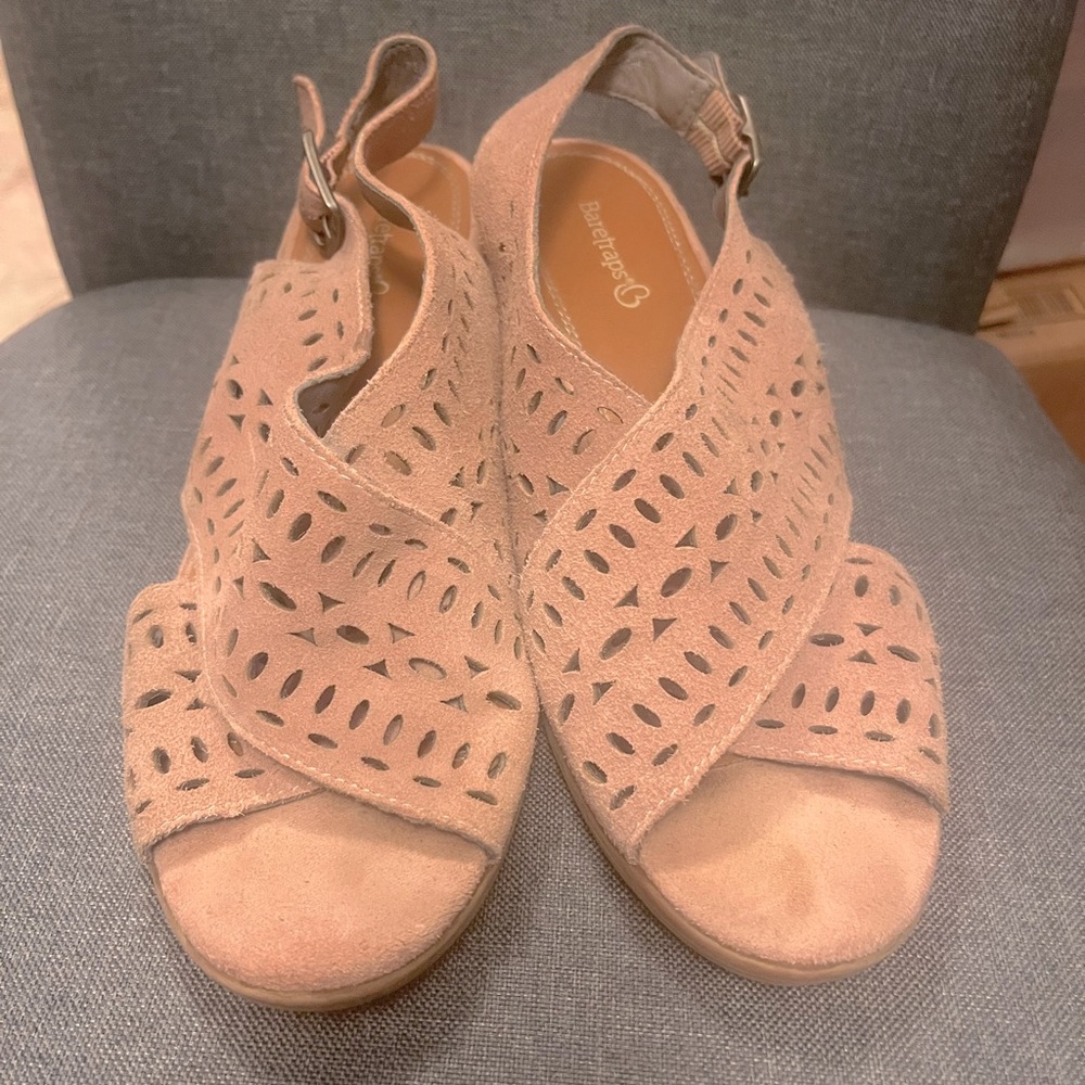 Pink suede open toe heels